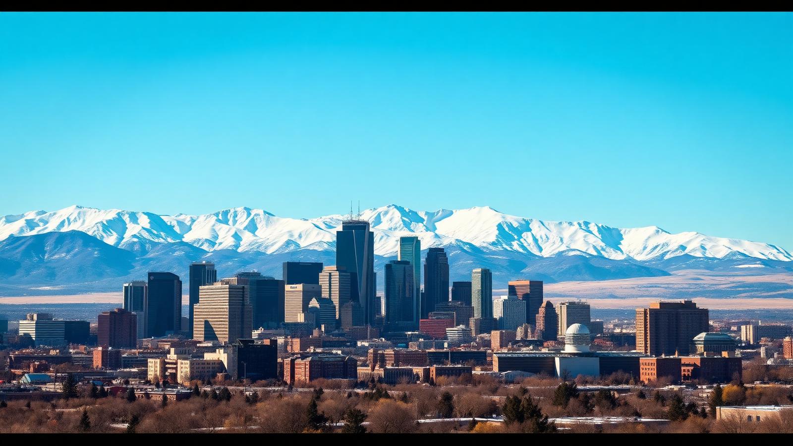 Denver skyline with the Rocky Mountains — online neurologist serving Denver.